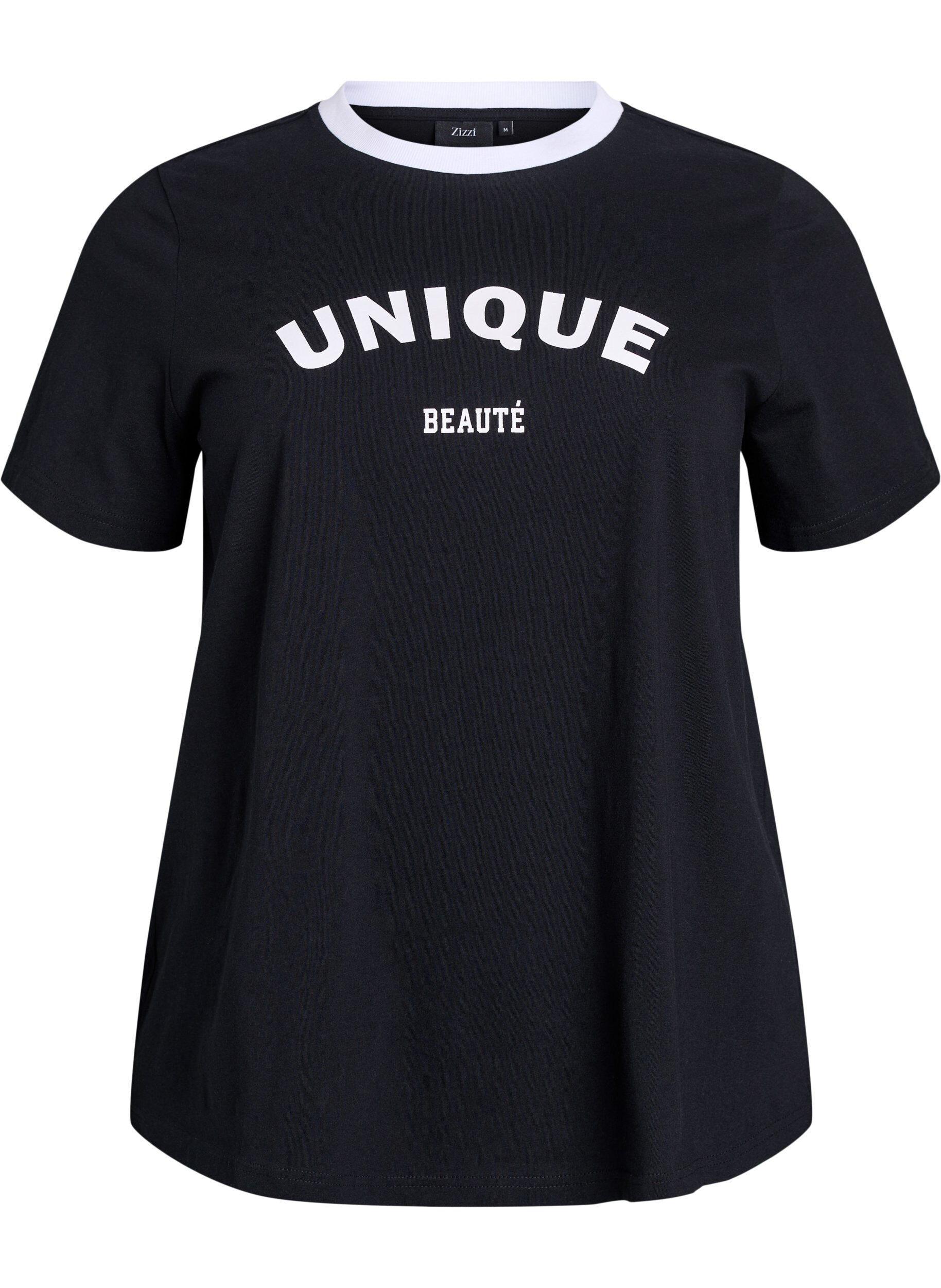 Zizzi T-shirt avec imprim&eacute; de texte et bordure contrast&eacute;e, Noir, Packshot image number 0