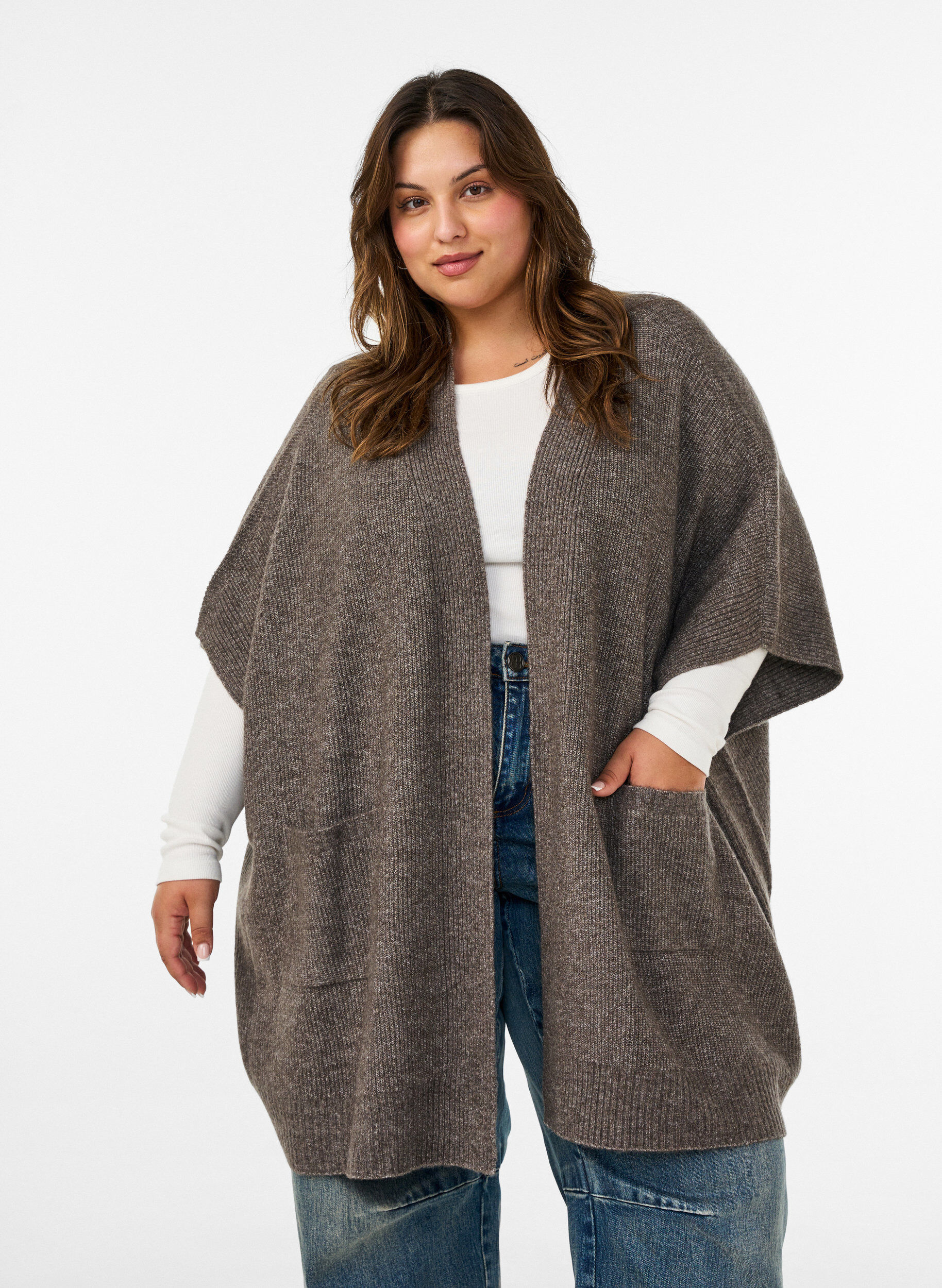 Cardigan ouvert sur le devant &agrave; manches larges, Marron, Model
