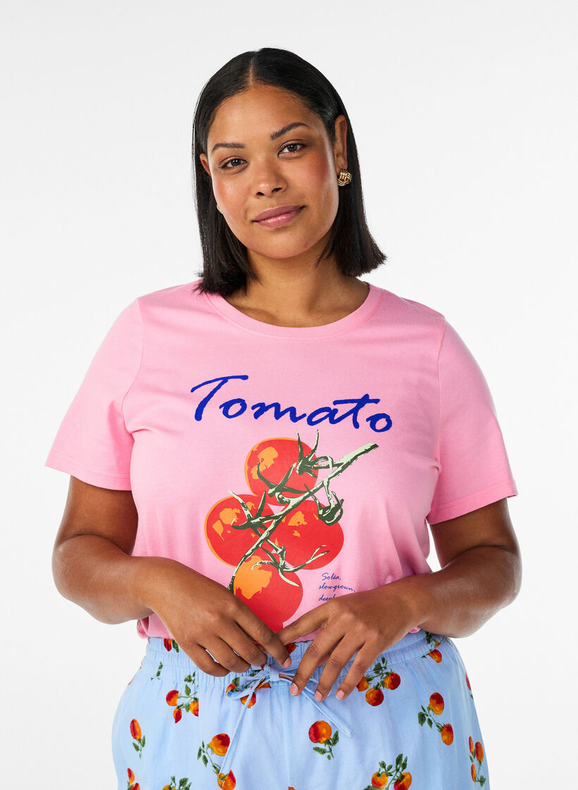 T-shirt en coton bio avec imprim&eacute; tomates, Rose, Model image number 0