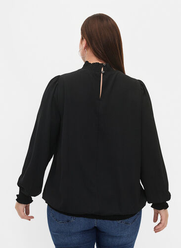 Chemisier blouse de couleur unie à manches longues, Black, Model image number 1