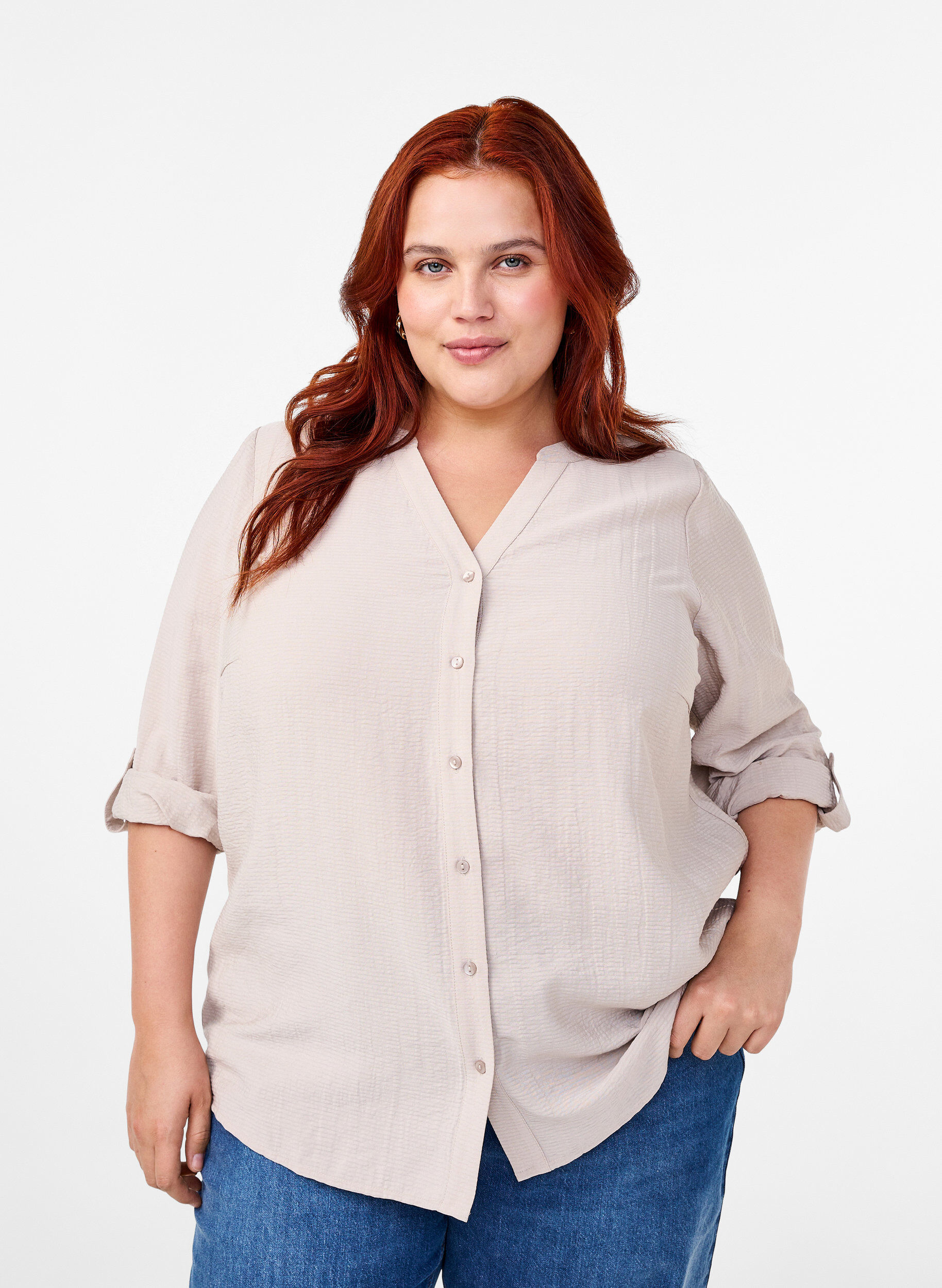 Zizzi Chemisier en viscose &agrave; manches 3/4, Chateau Gray, Model image number 0