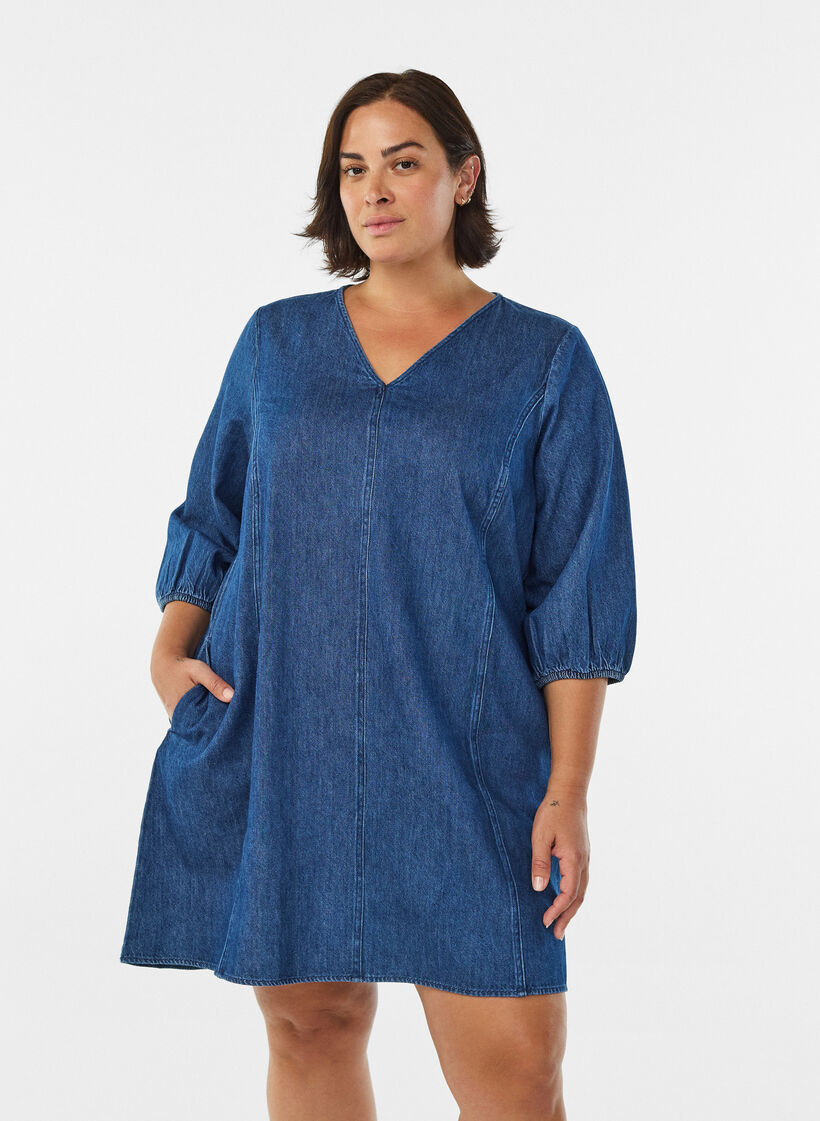 Robe courte en jean avec manches 3/4, Bleu, Model image number 0