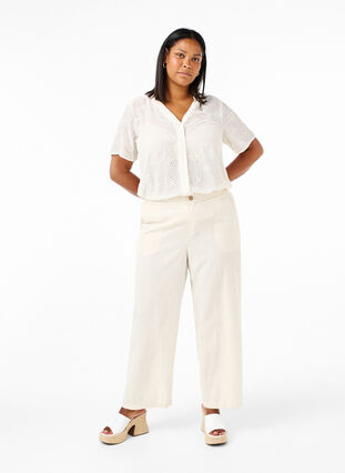 Pantalon taille haute en coton et en lin, Whitecap Gray, Model image number 0