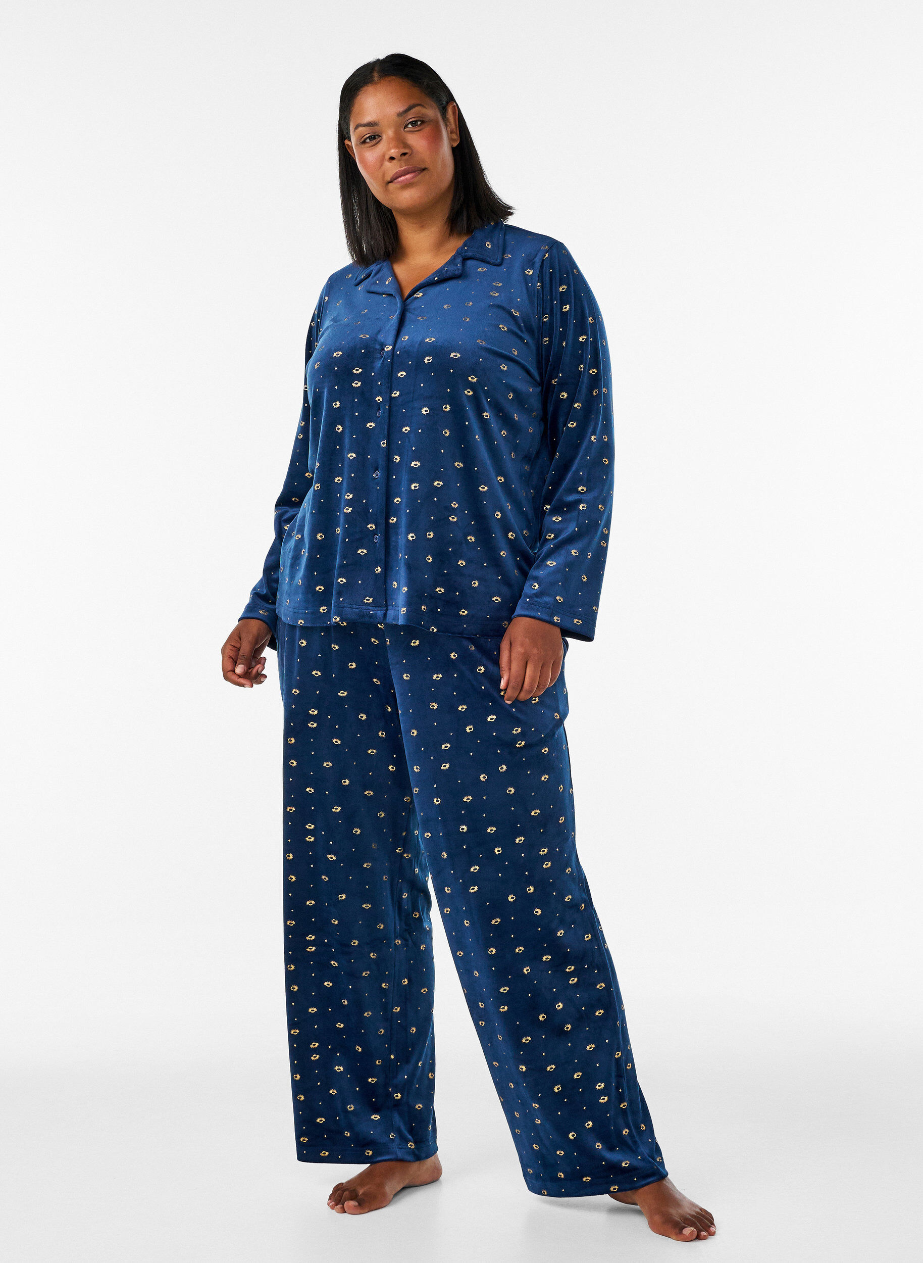 ZizziBas de pyjama en velours avec un imprim&eacute; int&eacute;gral, Bleu, Model image number 0
