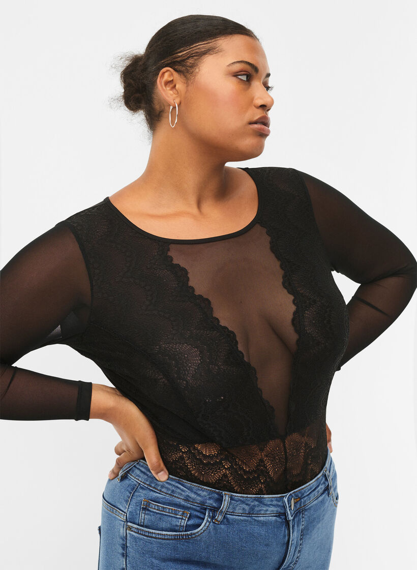 Body avec dentelle et mesh, Black, Model image number 2