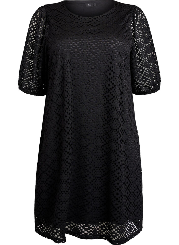 Robe mi-longue avec motif ajouré et manches courtes, Noir, Packshot image number 0