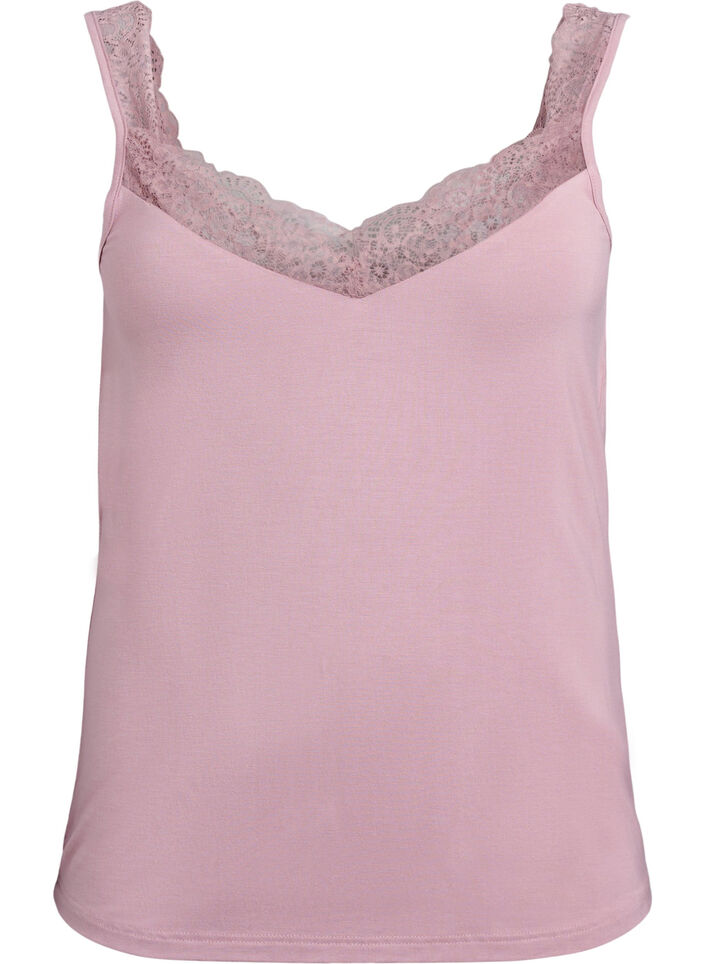 Top en viscose avec bordure en dentelle, Rose, Packshot image number 0