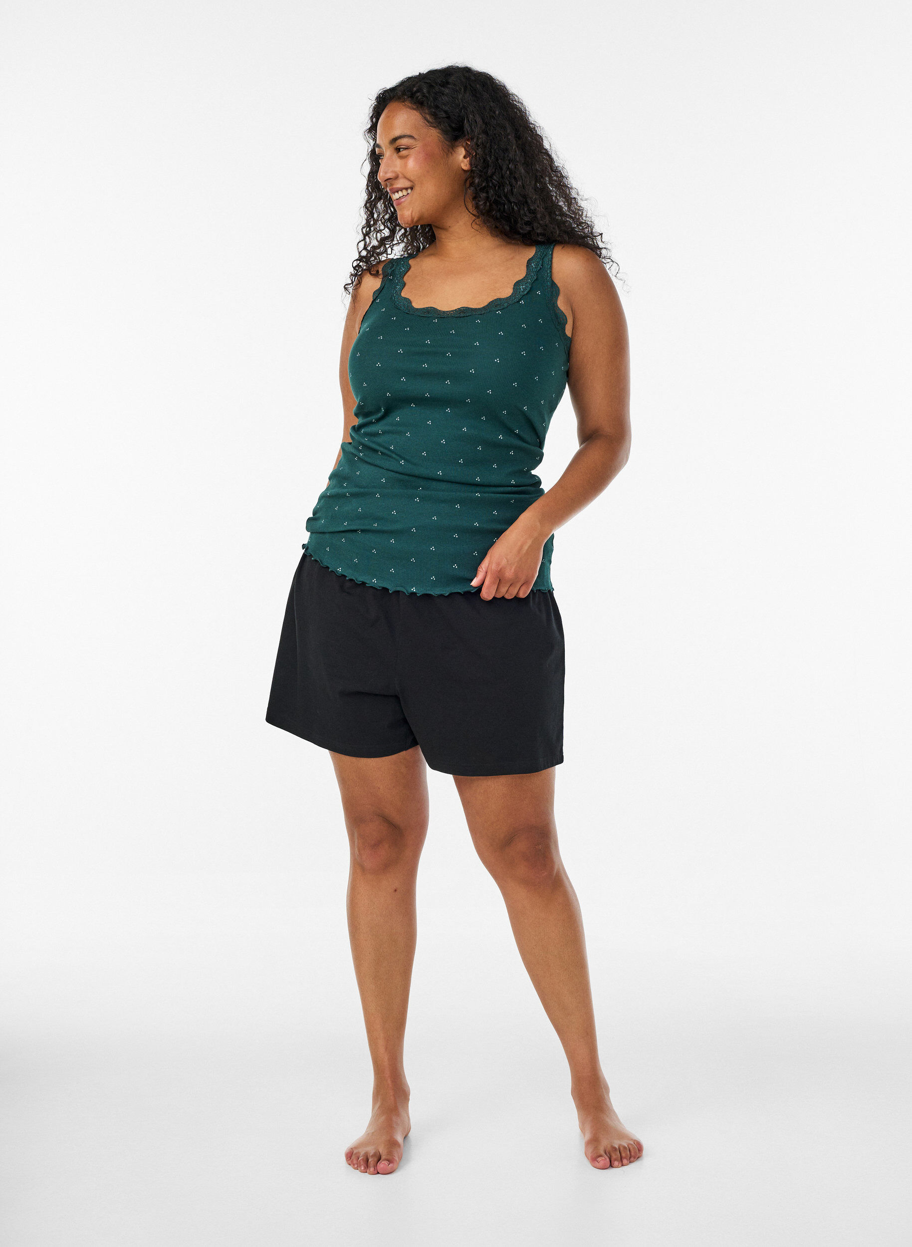 ZizziTop avec imprim&eacute; et bord en dentelle, Vert fonc&eacute;, Model image number 1