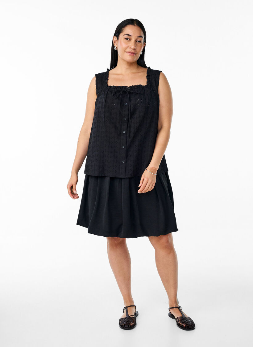 Chemisier sans manches avec broderie anglaise et volants, Noir, Model image number 1