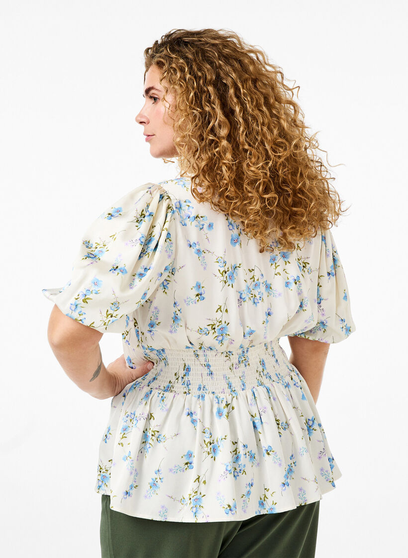 Chemisier en satin floral avec manches bouffantes, Off White Blue Fl., Model image number 1