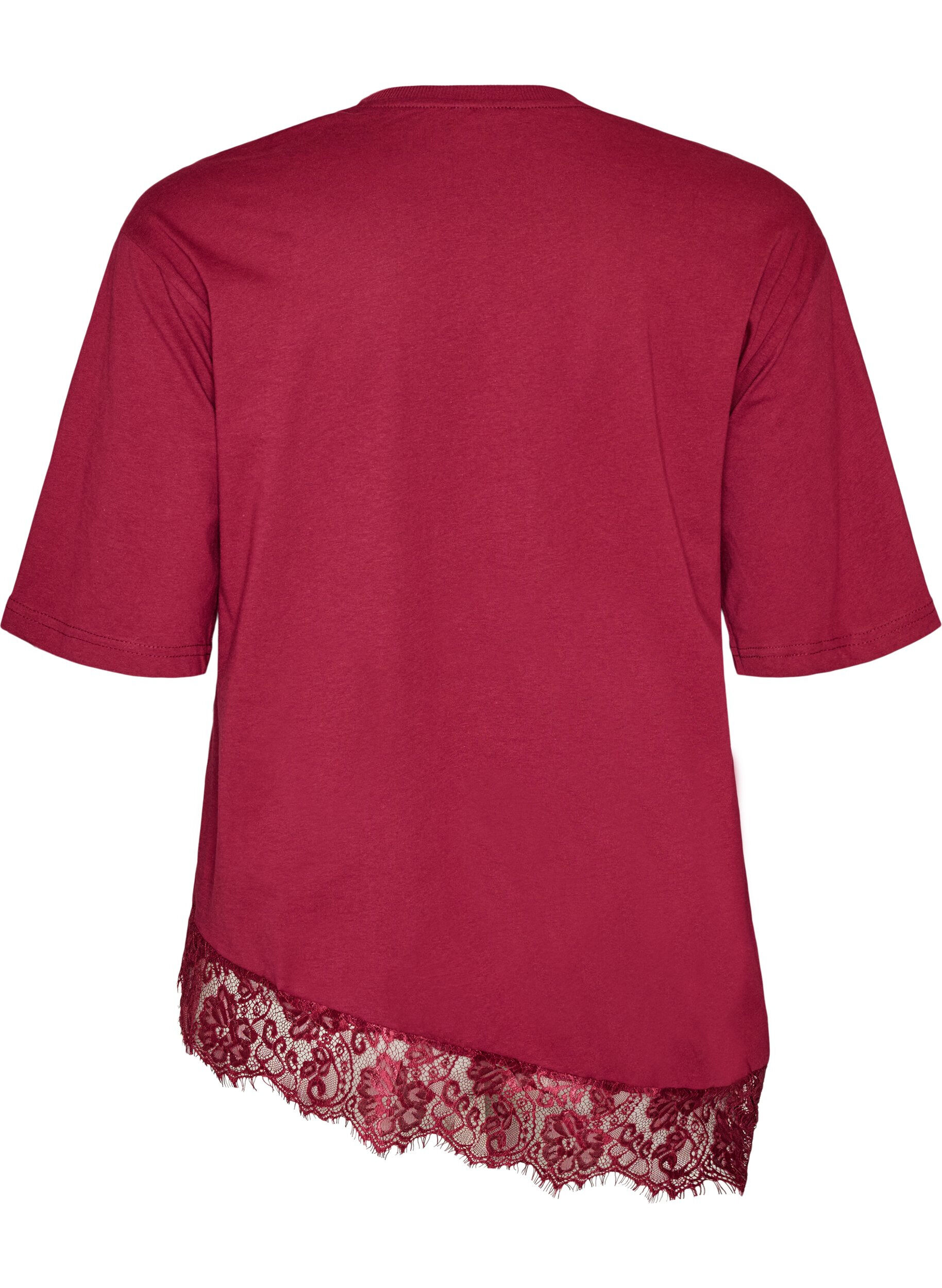 ZizziT-shirt avec ourlet asym&eacute;trique en dentelle, Rouge, Packshot image number 1