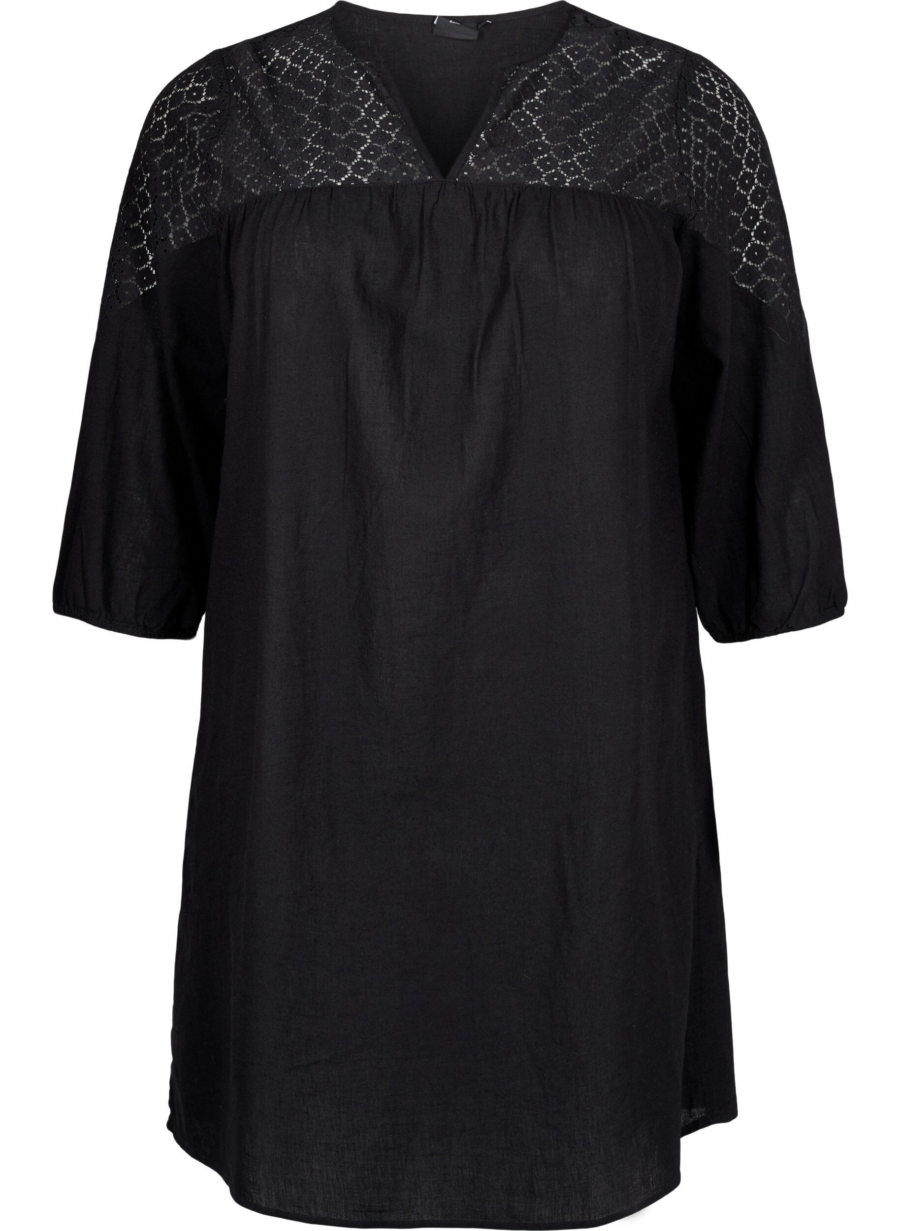 Zizzi Robe en m&eacute;lange de coton et de lin agr&eacute;ment&eacute;e de d&eacute;tails en crochet, Black, Packshot image number 0