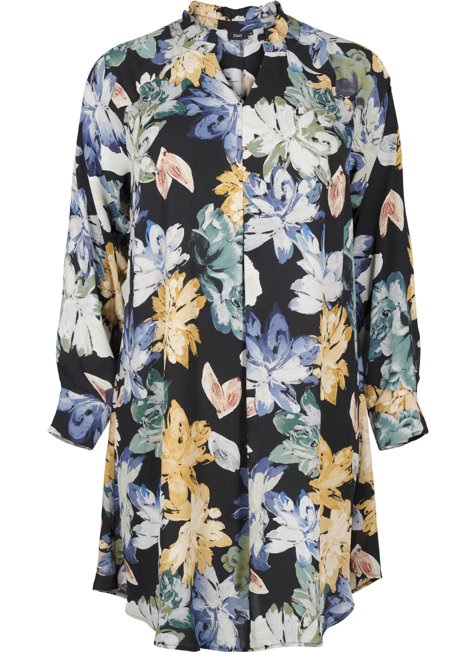 Zizzi Robe &agrave; manches longues avec imprim&eacute; floral, Yellow Flower AOP, Packshot image number 0