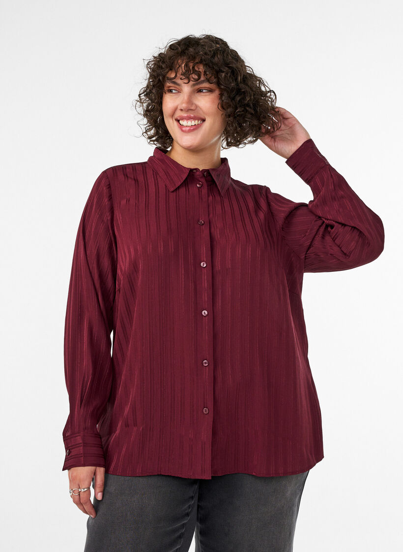 Chemise &agrave; rayures textur&eacute;es et fils paillet&eacute;s, Bordeaux, Model image number 0