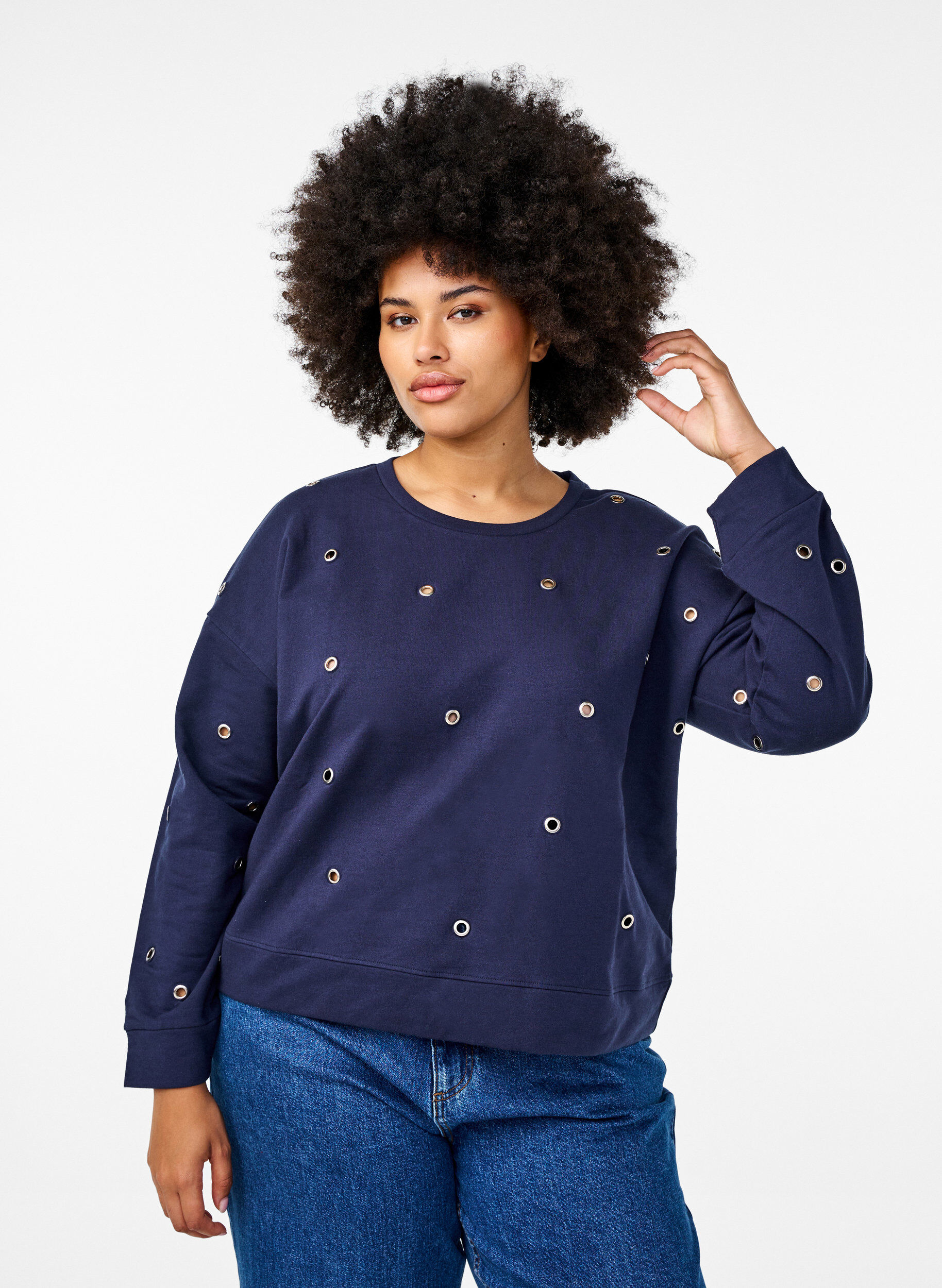 Zizzi Sweat-shirt avec &oelig;illets, Bleu, Model image number 0