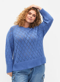 Chemisier tricoté à manches longues avec motif à trous, Blue Bonnet, Model