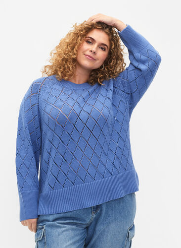 Chemisier tricoté à manches longues avec motif à trous, Blue Bonnet, Model image number 0