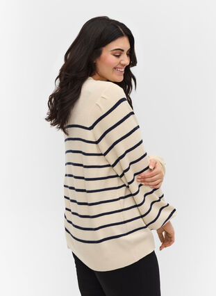 Pull en tricot rayé à manches bouffantes, Birch W/Navy stripes, Model image number 1