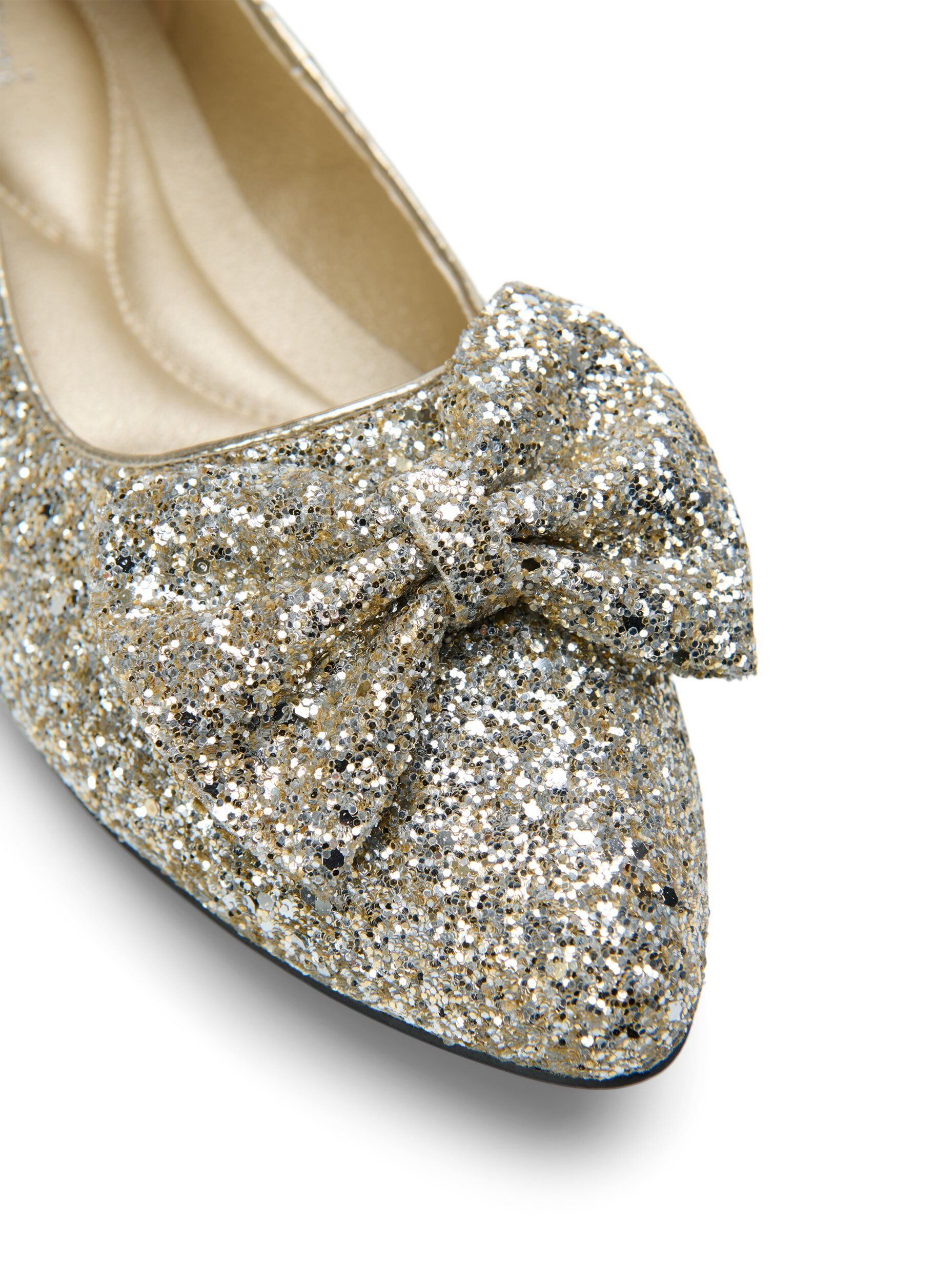 Zizzi Ballerines larges &agrave; paillettes avec n&oelig;ud, Gold Glitter, Packshot image number 3