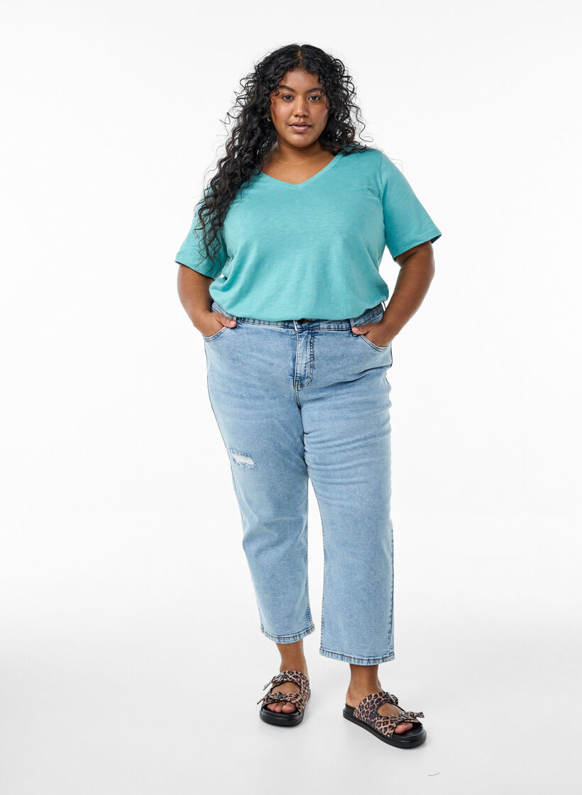 T-shirt basique &agrave; manches courtes avec col en V, Bleu, Model image number 1