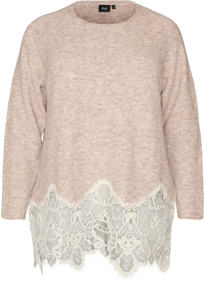 Pull en maille &agrave; manches raglan et large bordure en dentelle, Beige, Packshot image number 0