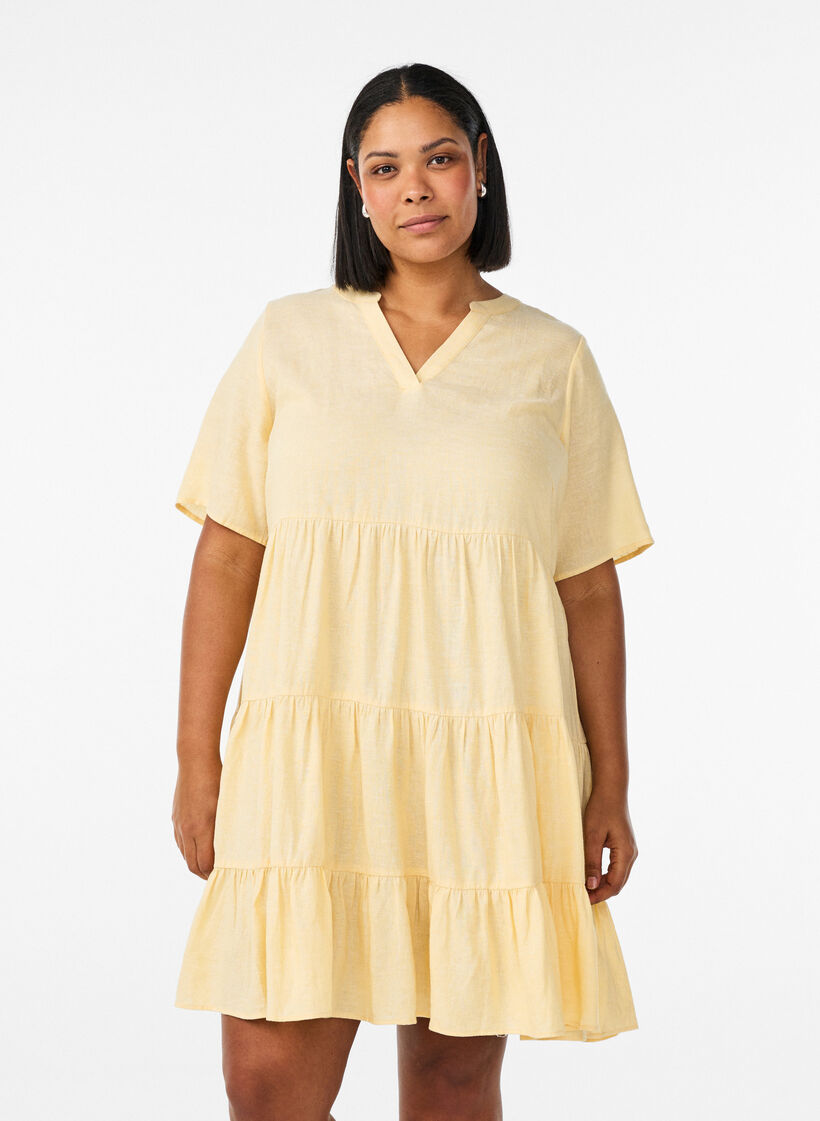 Robe A-line longueur genou en lin et viscose, Jaune clair, Model image number 0
