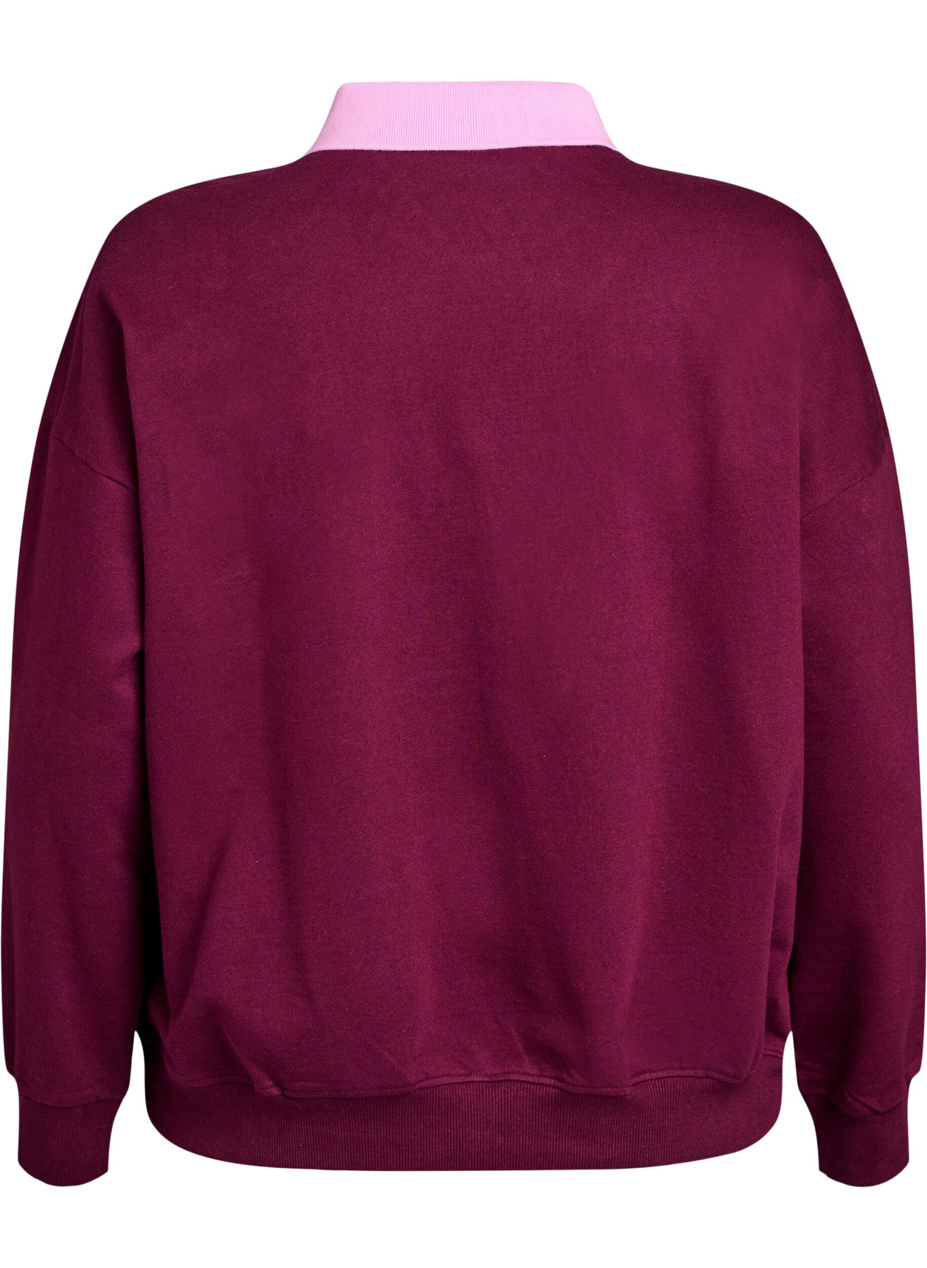 Zizzi Sweat-shirt en coton bio avec col et imprim&eacute; contrast&eacute;, Bordeaux fonc&eacute;, Packshot image number 1