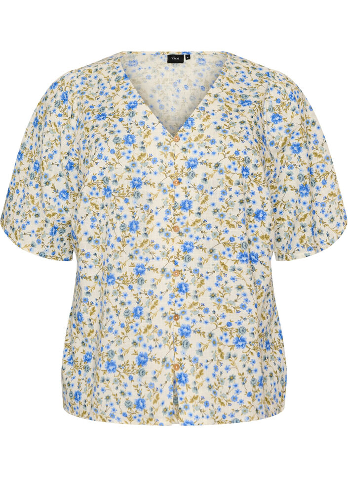 Chemise en coton &agrave; manches courtes avec col V, Bleu, Packshot