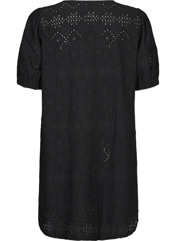 Robe courte avec col en V et motifs à trous, Black, Packshot image number 1