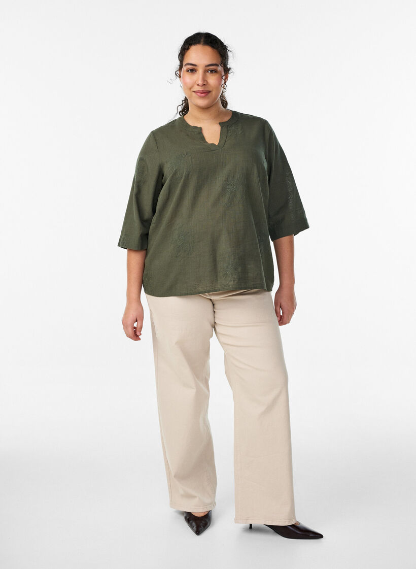 Blouse en coton avec d&eacute;tails brod&eacute;s et manches 3/4, Vert, Model image number 1