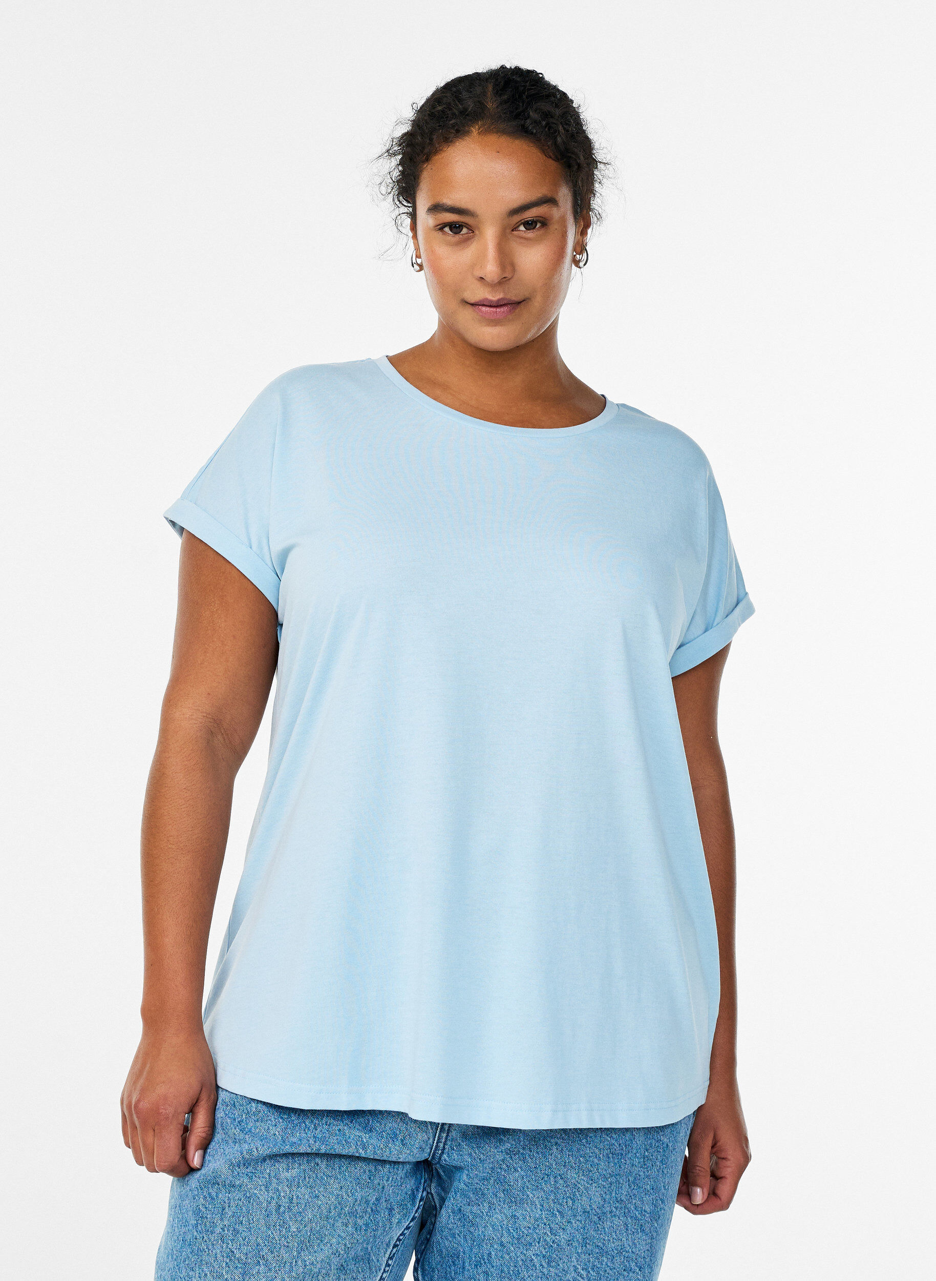 T-shirt &agrave; manches courtes en coton m&eacute;lang&eacute;, Bleu Clair, Model