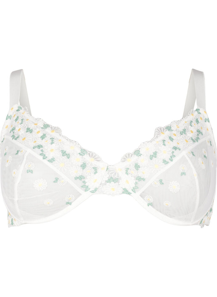 Soutien-gorge balconnet en maille brodée de marguerites, Blanc, Packshot image number 0