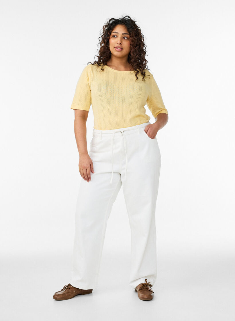 T-shirt en coton avec broderie ajour&eacute;e, Jaune clair, Model image number 1