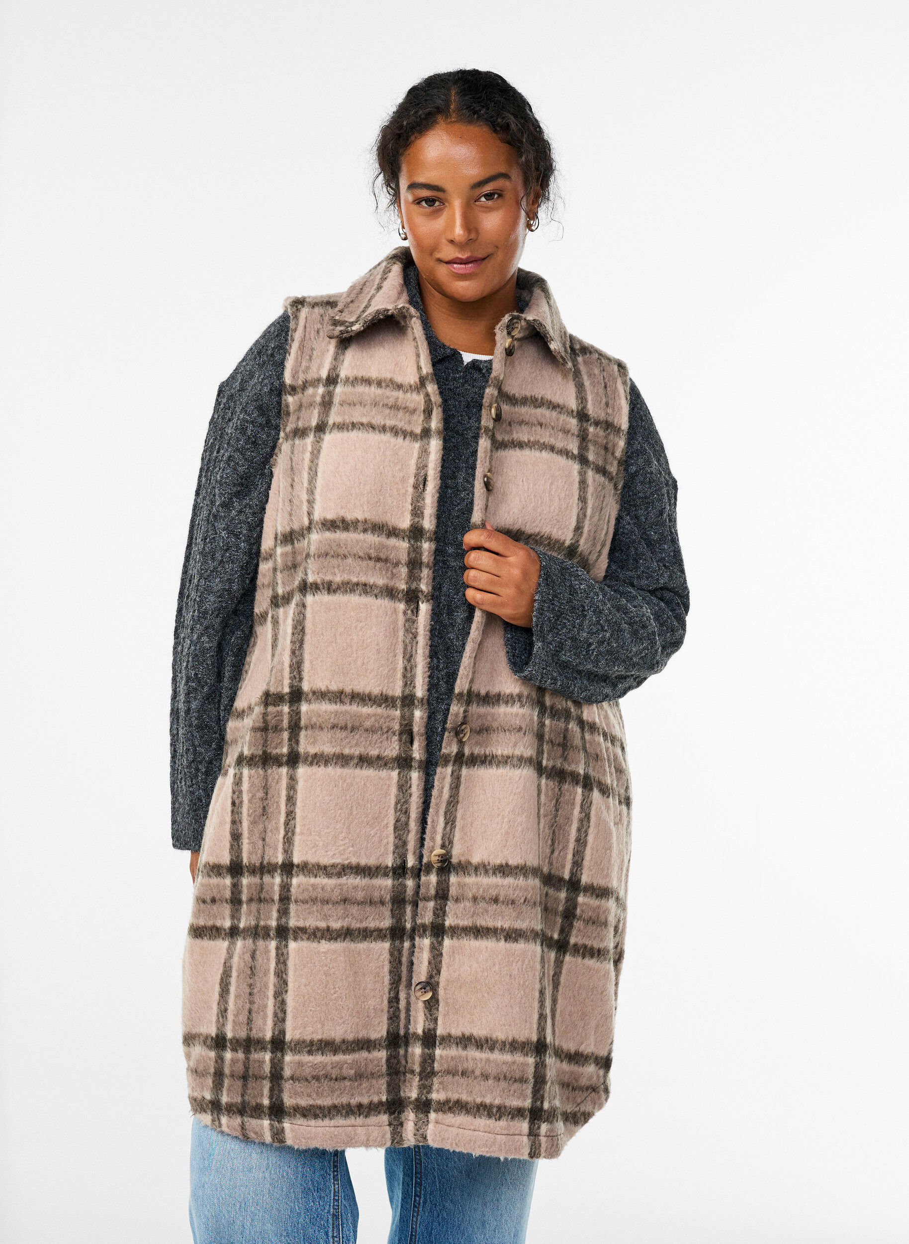 Gilet long &agrave; carreaux en tissu bross&eacute;, Beige, Model
