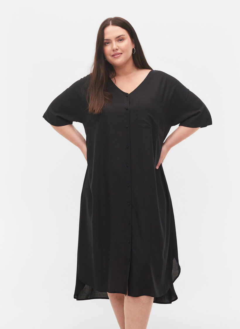 Robe chemise à manches courtes en viscose, Black, Model image number 0