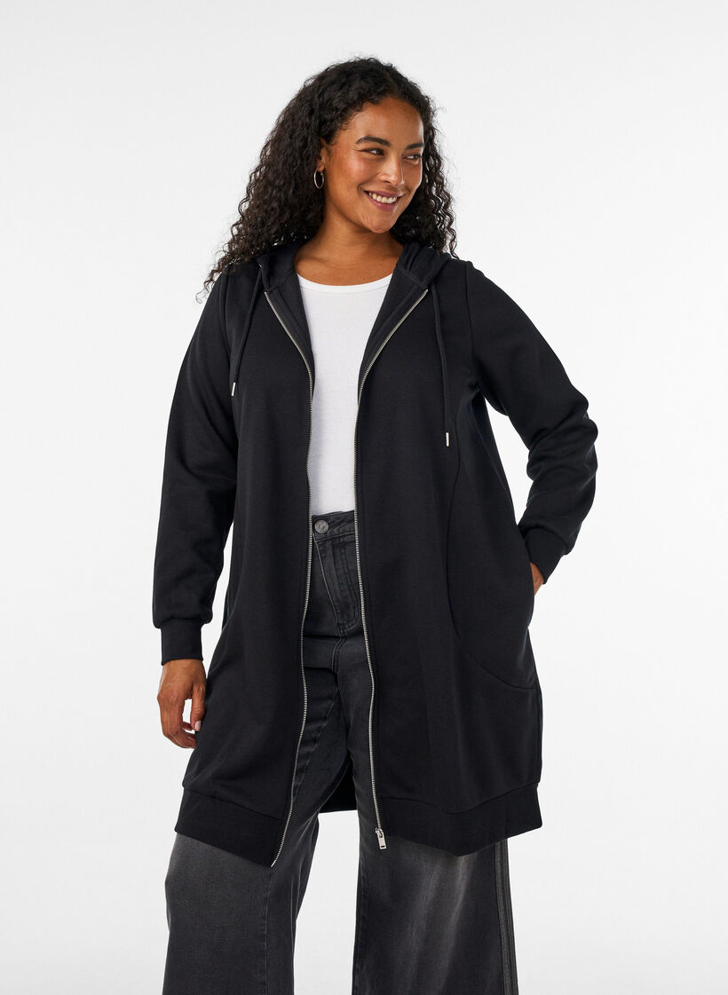 Sweat &agrave; capuche long avec zip et poches, Noir, Model image number 0