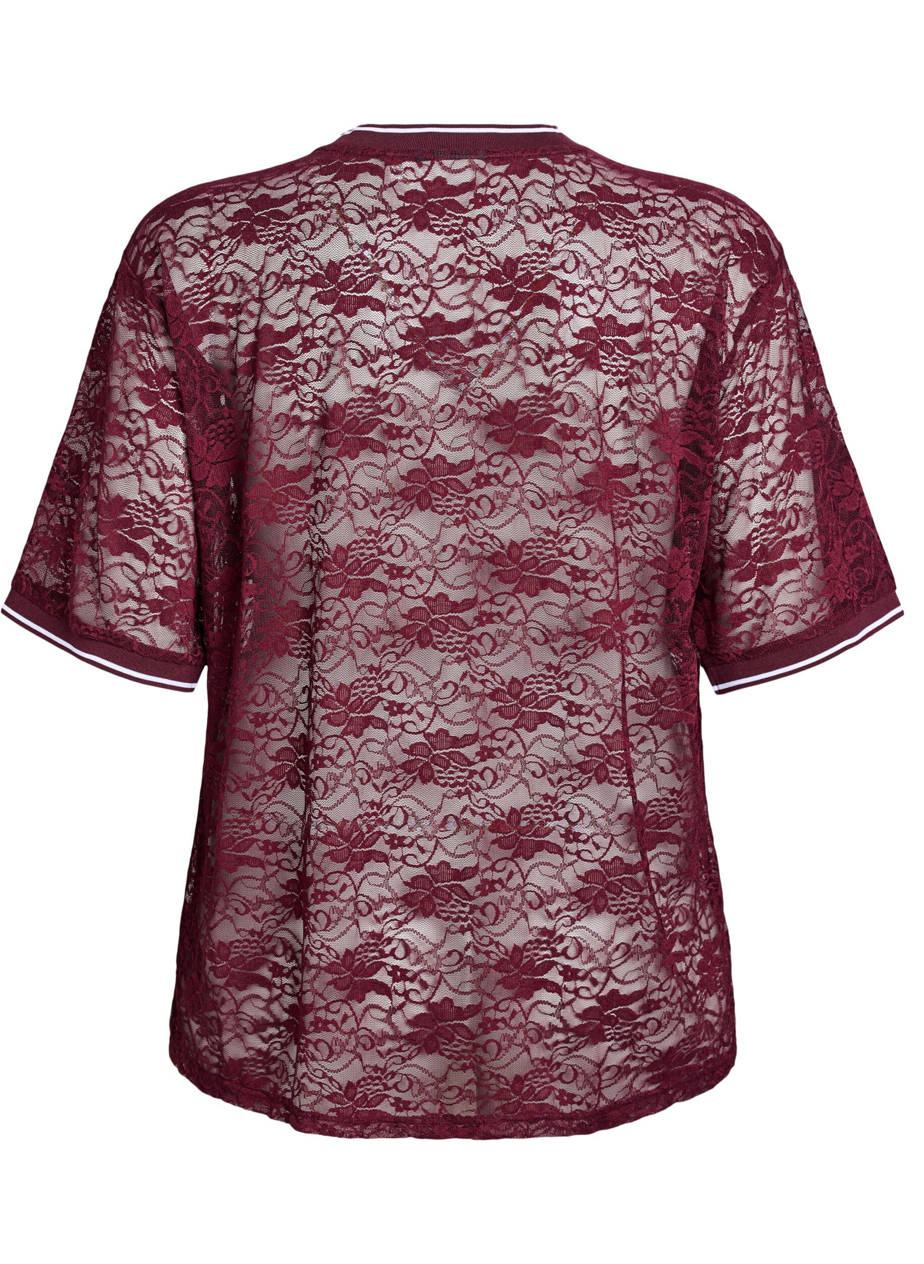 Zizzi T-shirt sportif en dentelle coupe ample, Bordeaux fonc&eacute;, Packshot image number 1