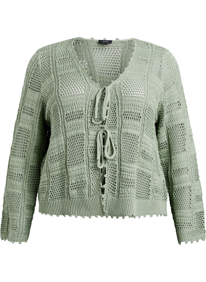 Cardigan en maille avec liens et motifs ajourés, Vert clair, Packshot image number 0