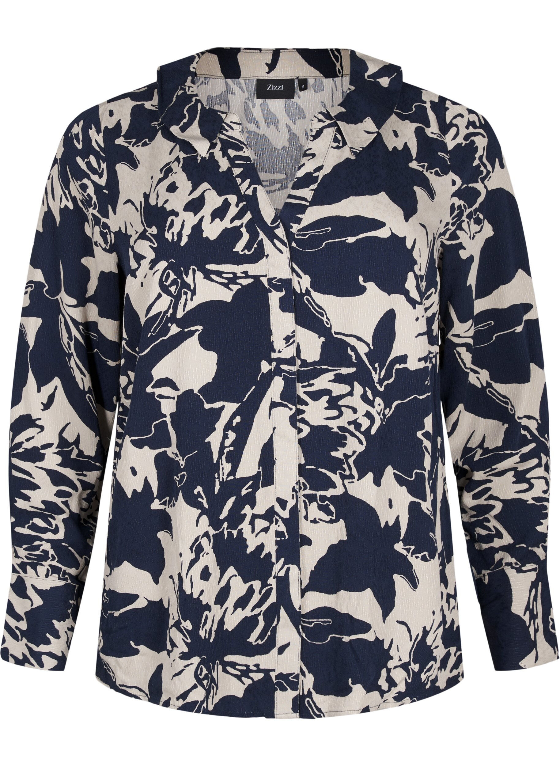 Zizzi Chemise &agrave; manches longues avec imprim&eacute; et col en&nbsp;V, Navy Blazer AOP, Packshot image number 0