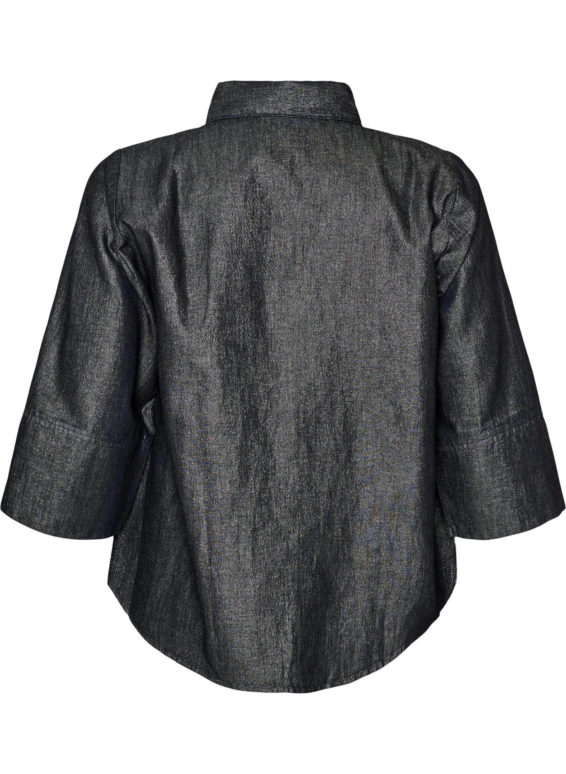 ZizziChemise en jean avec fil paillet&eacute; et manches 3/4, Gris anthracite, Packshot image number 1
