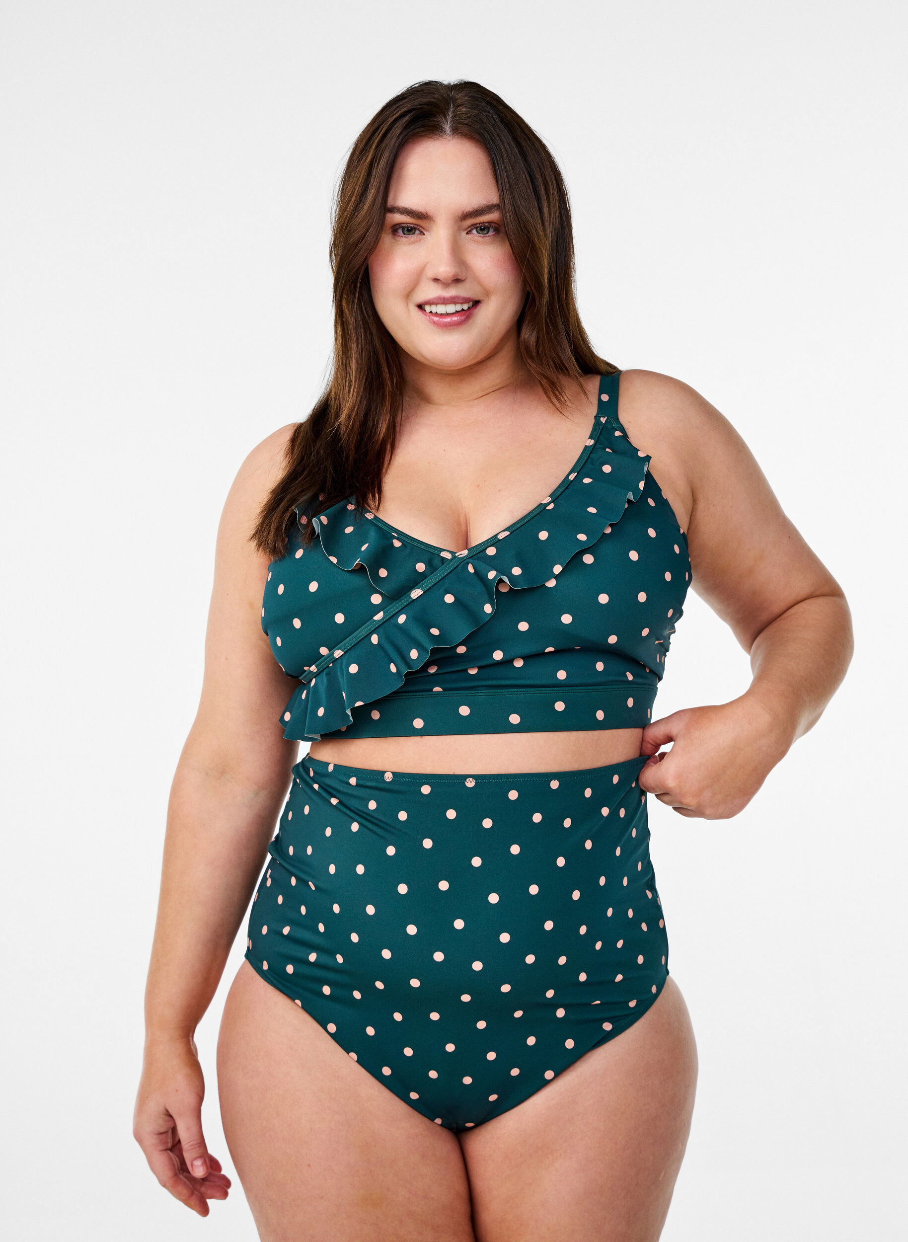 Bas de bikinis taille haute &agrave; pois, Vert fonc&eacute;, Model