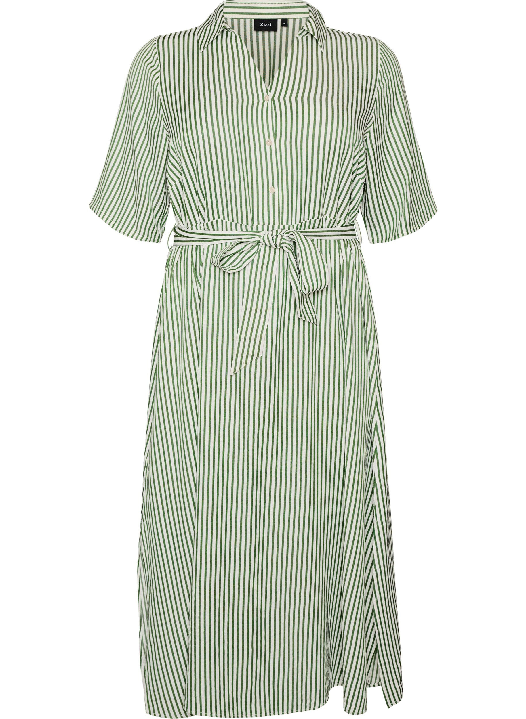 ZizziRobe-chemise longue jusqu&rsquo;aux chevilles avec ceinture &agrave; nouer et rayures, Vert clair, Packshot image number 0