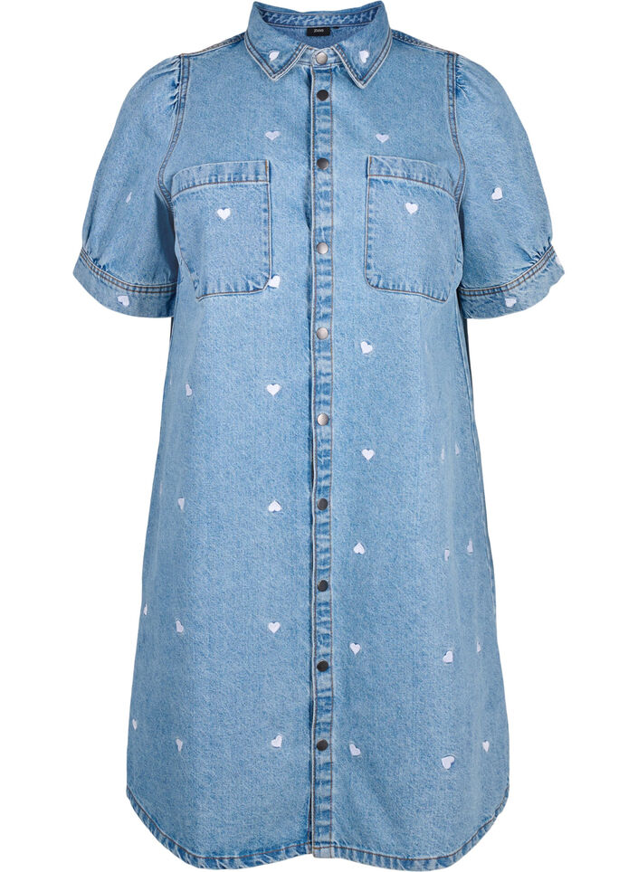 Robe en jean ornée de cœurs brodés, Light blue denim, Packshot image number 0