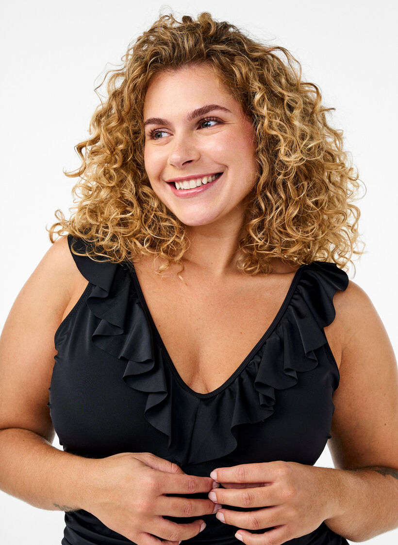 Maillot de bain avec volants et inserts amovibles, Noir, Model image number 2