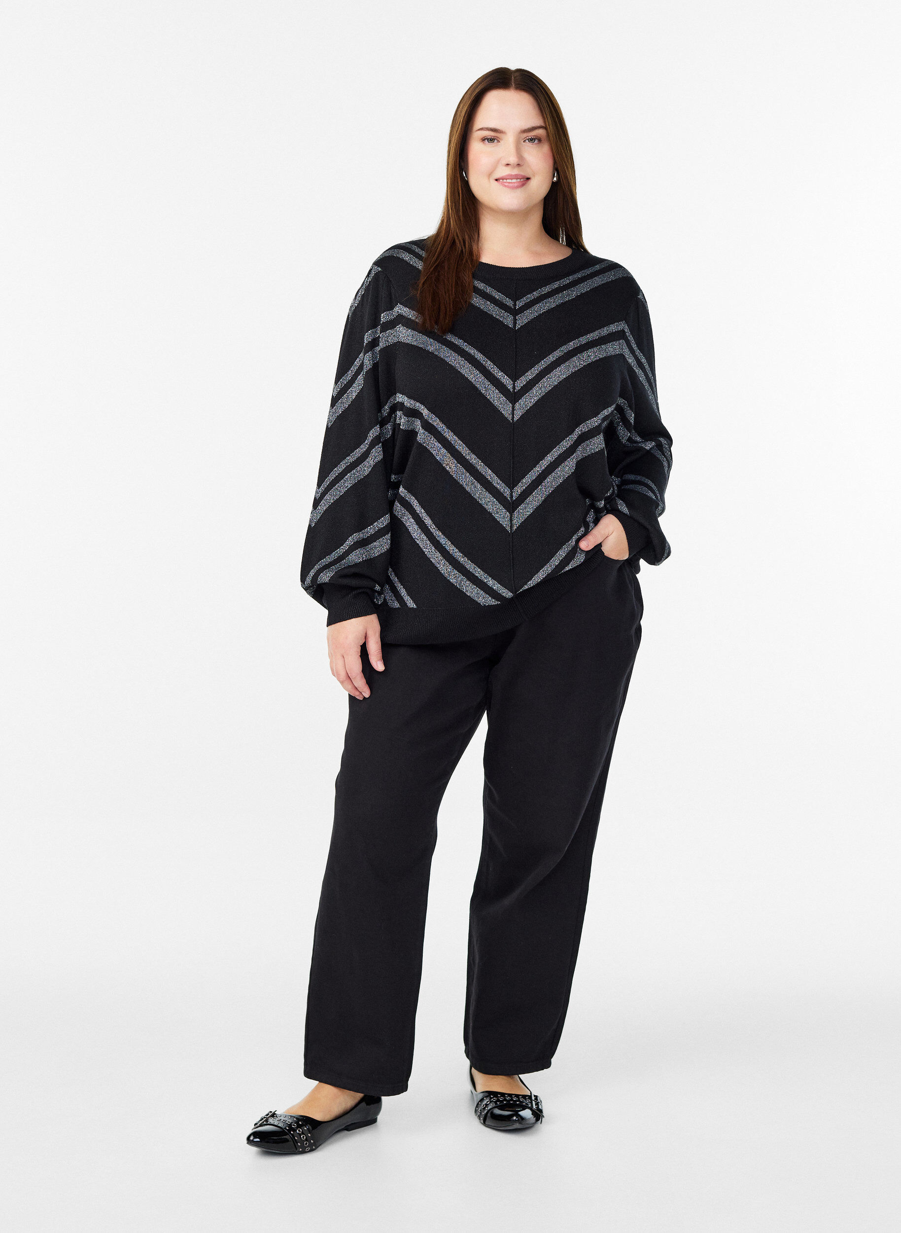 Zizzi Blouse en maille &agrave; motifs avec effet paillet&eacute;, Noir, Model image number 1