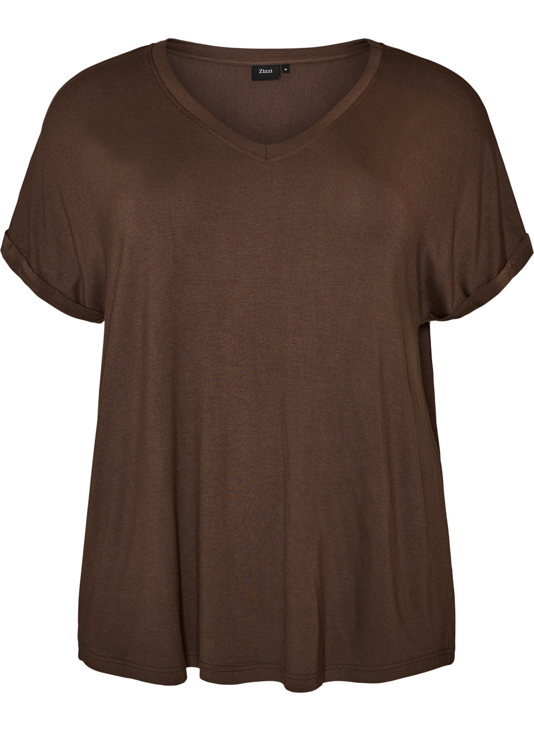 ZizziBasic T-shirt col V en viscose, Marron, Packshot image number 0