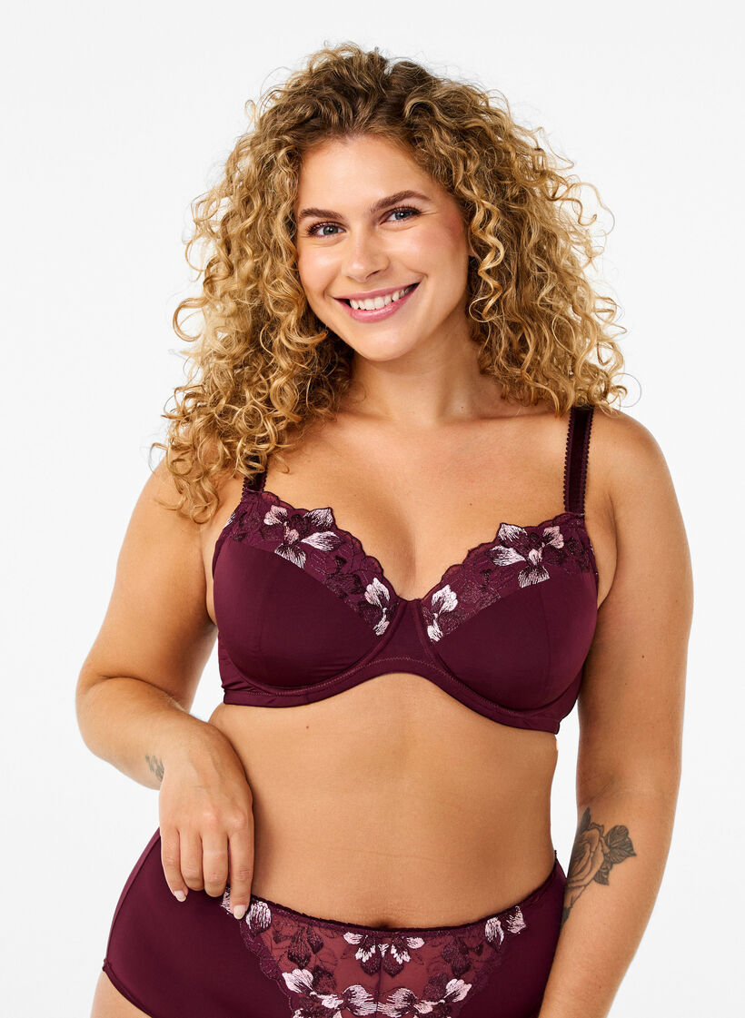 Bras rembourré avec broderie florale, Bordeaux foncé, Model image number 0