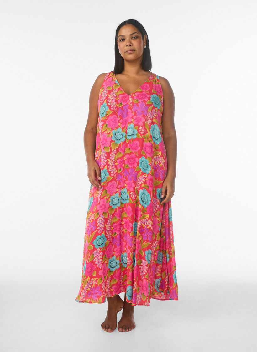 Robe longue sans manches &agrave; coupe &eacute;vas&eacute;e et col en V, Rouge, Model image number 0