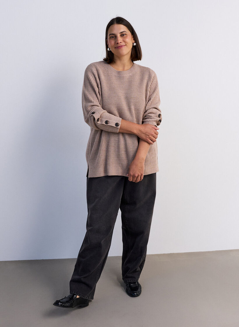 Blouse en maille c&ocirc;tel&eacute;e avec d&eacute;tails de boutons, Beige, Model image number 1