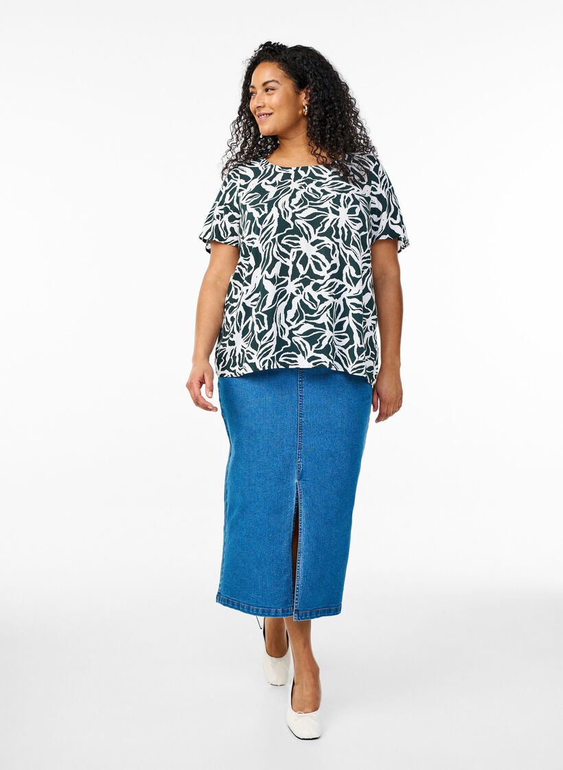 Chemisier &agrave; manches courtes en viscose avec imprim&eacute;, Vert fonc&eacute;, Model image number 1